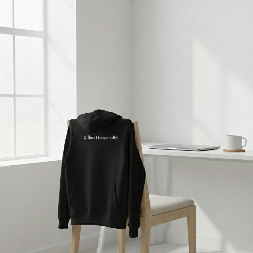 Black Offline (Temporarily) hoodie with minimalist text print