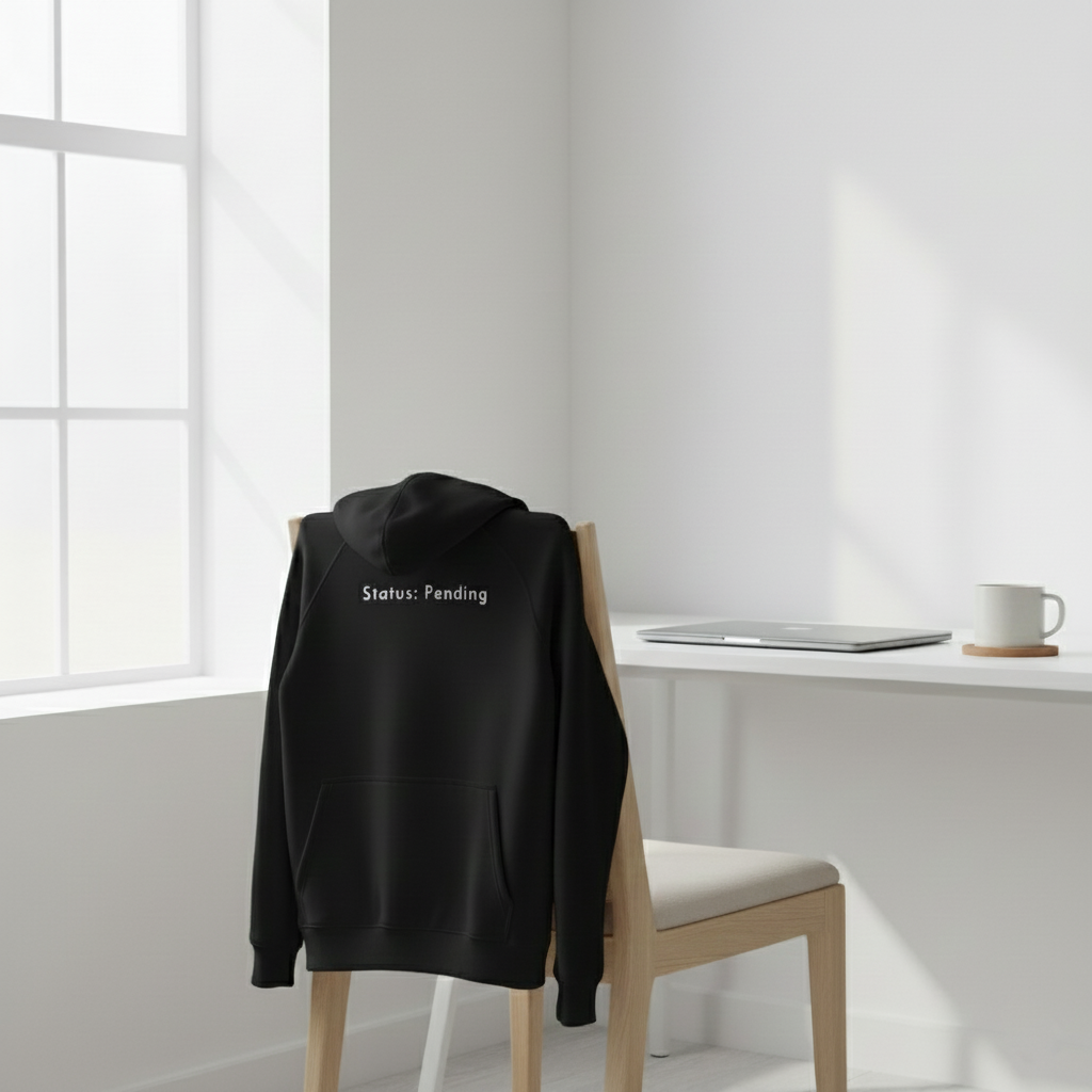 Black Status: Pending hoodie with minimalist text print