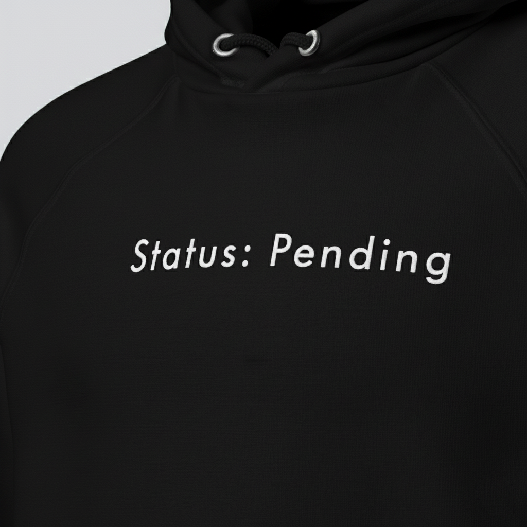 Black Status: Pending hoodie with minimalist text print
