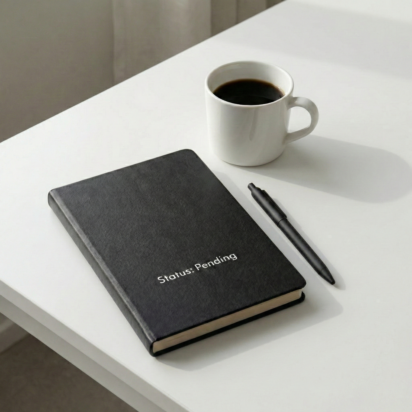 Black Status: Pending notebook with minimalist text print